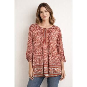 Meadow Rue Anthropologie Orange Floral Roll Tab Sleeve Blouse Boho Womens Large